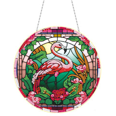 Generic DIY Acrylic Diamond Art Painting Wreath Kits Special Shaped Rhinestone Round Diamond Art Window Hanging Pendants Decorations Kits (Single Side Point Drill) (#07-Flamingo)