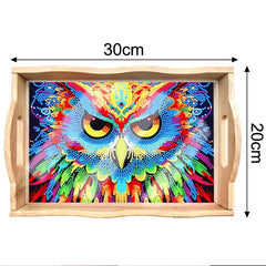 DIY Painting Wooden Tray Kit 5D Cartoon Kits Flat Side Handle Crafts Painting Kits for Bar, Family Gatherings, Christmas Wooden Trays Diamond Gem Painting Art Set for Adults Beginners-Owl