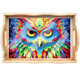 DIY Painting Wooden Tray Kit 5D Cartoon Kits Flat Side Handle Crafts Painting Kits for Bar, Family Gatherings, Christmas Wooden Trays Diamond Gem Painting Art Set for Adults Beginners-Owl