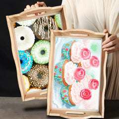 DIY Painting Wooden Tray Kit 5D Cartoon Kits Flat Side Handle Crafts Painting Kits for Bar, Family Gatherings, Christmas Wooden Trays Diamond Gem Painting Art Set for Adults Beginners-Donut