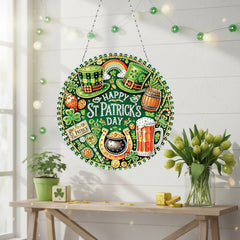 DIY Diamond Art Painting St. Patrick's Day Pendant Creative Design PET Material Round Home Decor Pendant (Single-sided Rhinestone Dotting)