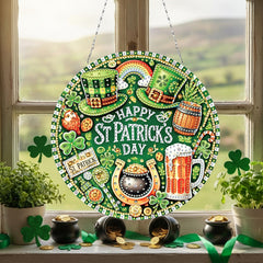 DIY Diamond Art Painting St. Patrick's Day Pendant Creative Design PET Material Round Home Decor Pendant (Single-sided Rhinestone Dotting)