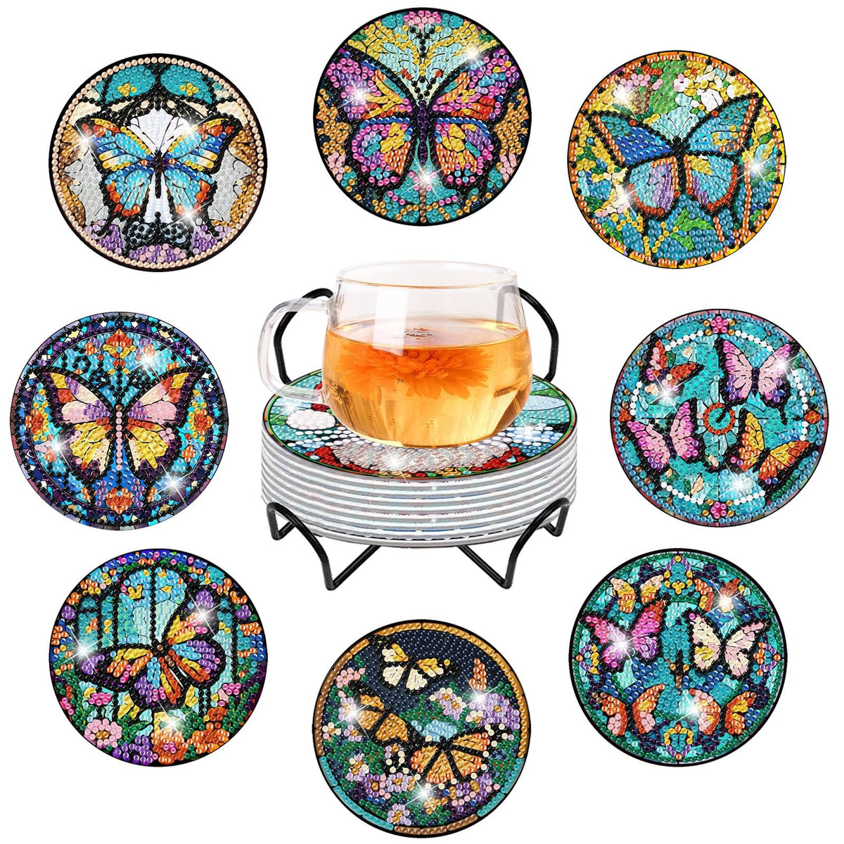 8Pcs Diamond Art Coasters Kits with Holder Non Slip Coaster, 5D Christmas Butterfly Diamond Art Painting Coasters Kit, DIY Adult Paint by Number Craft Supplies Gift