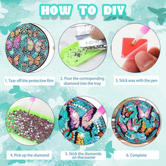 8Pcs Diamond Art Coasters Kits with Holder Non Slip Coaster, 5D Christmas Butterfly Diamond Art Painting Coasters Kit, DIY Adult Paint by Number Craft Supplies Gift