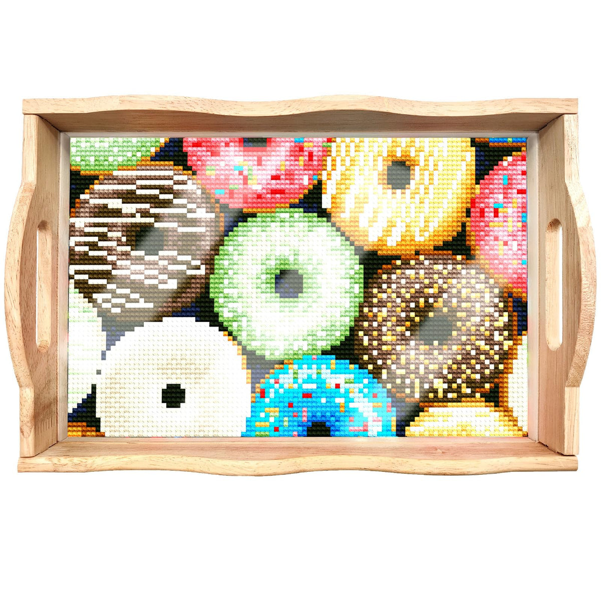DIY Painting Wooden Tray Kit 5D Cartoon Kits Flat Side Handle Crafts Painting Kits for Bar, Family Gatherings, Christmas Wooden Trays Diamond Gem Painting Art Set for Adults Beginners-Donut