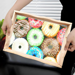 DIY Painting Wooden Tray Kit 5D Cartoon Kits Flat Side Handle Crafts Painting Kits for Bar, Family Gatherings, Christmas Wooden Trays Diamond Gem Painting Art Set for Adults Beginners-Donut