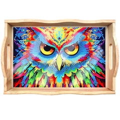 DIY Painting Wooden Tray Kit 5D Cartoon Kits Flat Side Handle Crafts Painting Kits for Bar, Family Gatherings, Christmas Wooden Trays Diamond Gem Painting Art Set for Adults Beginners-Owl