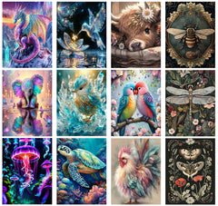 Meothan Multipack Diamond Art Kits for Adults, 12 Pack Animals Diamond Painting Kits for Adults, 5D DIY Round Dimond Gem Art Packs of 12, Home Decor Gift 12x16inch