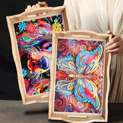 DIY Painting Wooden Tray Kit 5D Cartoon Kits Handle Crafts Painting Kits for Bar, Family Gatherings, Christmas Wooden Trays Diamond Gem Painting Art Set for Adults