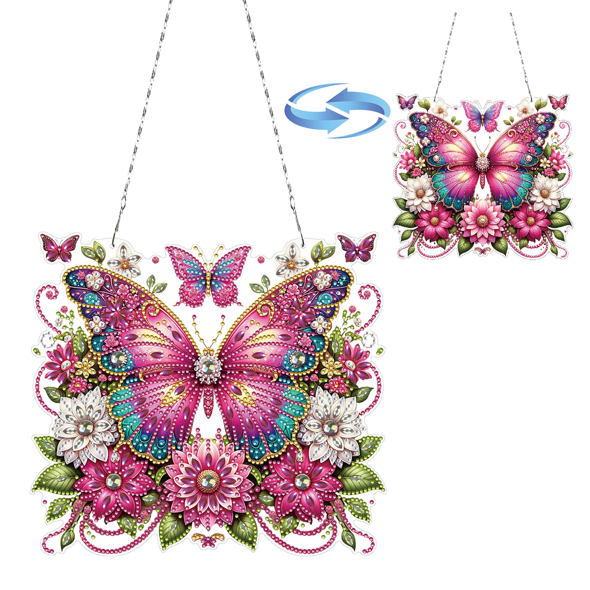 DIY Diamond Pendant, Diamond Art Painting, Flower And Butterfly Creative Design, Irregular Shape, PET Material Home Decoration Pendant (Double-Sided Pattern, Single-Sided Diamond)