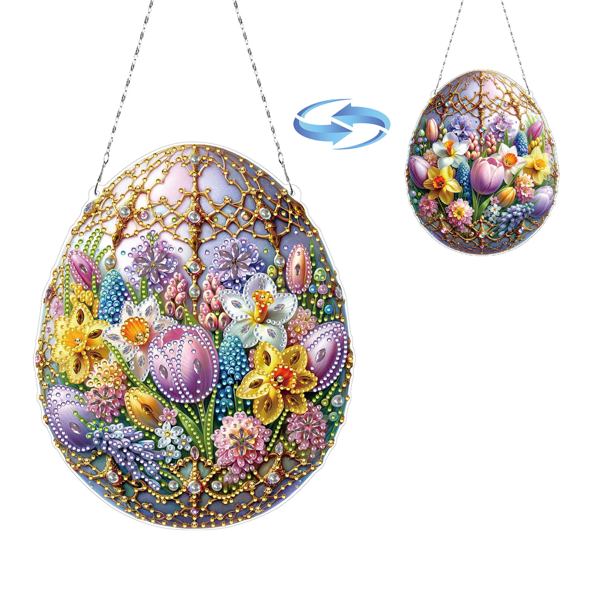 DIY Diamond Pendant, Diamond Art Painting Easter Flower Egg Creative Design PET Material Home Decoration Pendant (Double-Sided Pattern Single-Sided Diamond)