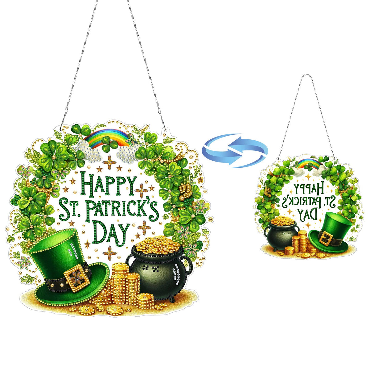 DIY Diamond Pendant Diamond Art Painting St. Patrick'S Day Four-Leaf Clover Wreath Creative Design PET Material Home Decoration Pendant (Double-Sided Pattern Single-Sided Diamond)