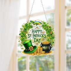 DIY Diamond Pendant Diamond Art Painting St. Patrick'S Day Four-Leaf Clover Wreath Creative Design PET Material Home Decoration Pendant (Double-Sided Pattern Single-Sided Diamond)