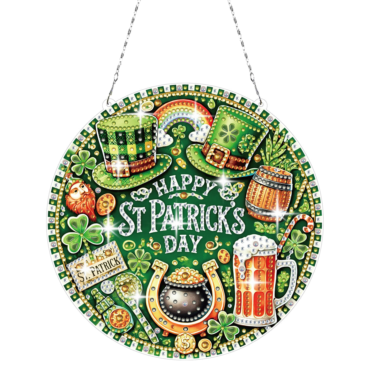 DIY Diamond Art Painting St. Patrick's Day Pendant Creative Design PET Material Round Home Decor Pendant (Single-sided Rhinestone Dotting)