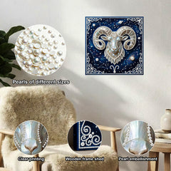 DIY Pearl Painting with Frame - Creative Design of the Twelve Zodiac Signs, Handmade Healing and Stress-Relieving Home Wall Decoration, 9.84X9.84in, with Frame Tools (Blue Canvas)