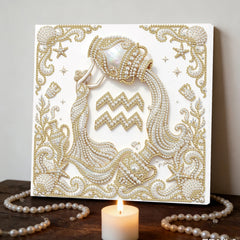 DIY Pearl Painting with Frame - Creative Design of the Twelve Zodiac Signs, Handmade Healing and Stress-Relieving Home Wall Decoration, 9.84X9.84in, with Frame Tools(White canvas)