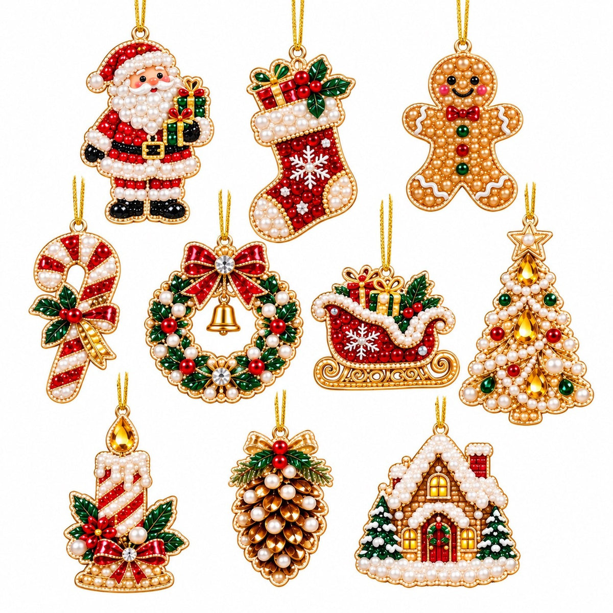 DIY Pearl Diamond Painting Christmas Ornaments, 10-Piece Set